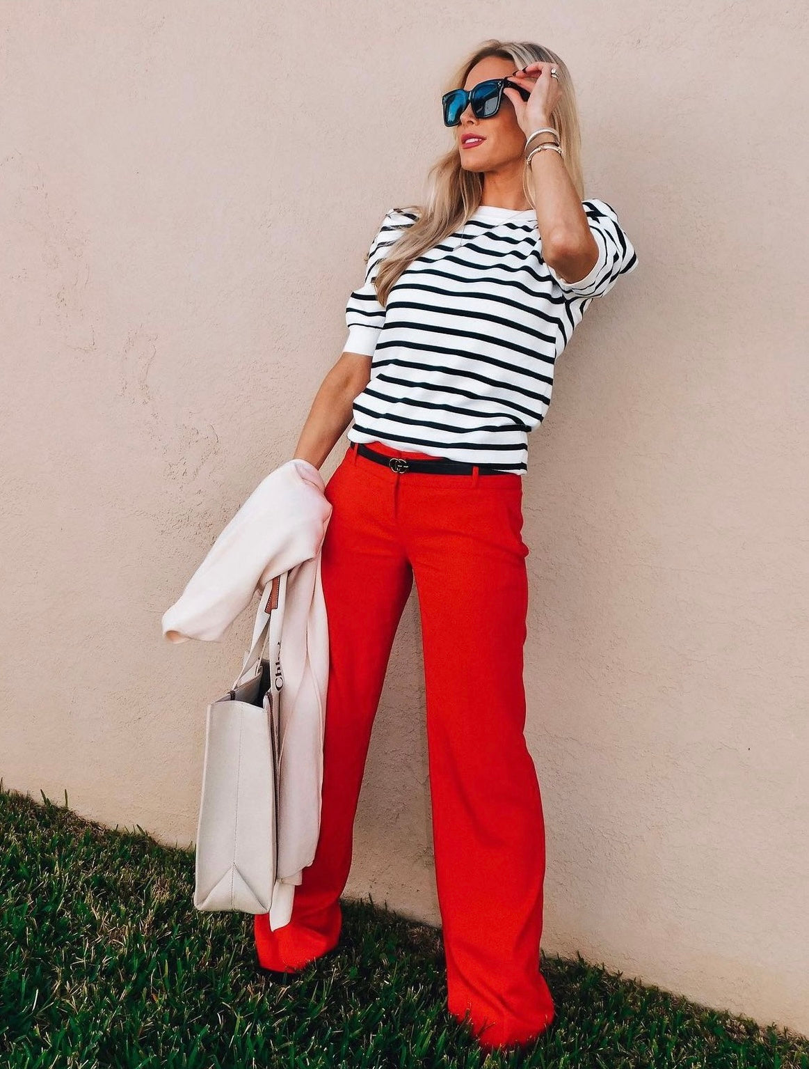 Ava Crewneck Puff Short Sleeve Stripe Sweater Top Ava Crewneck Puff Short Sleeve Stripe Sweater Top