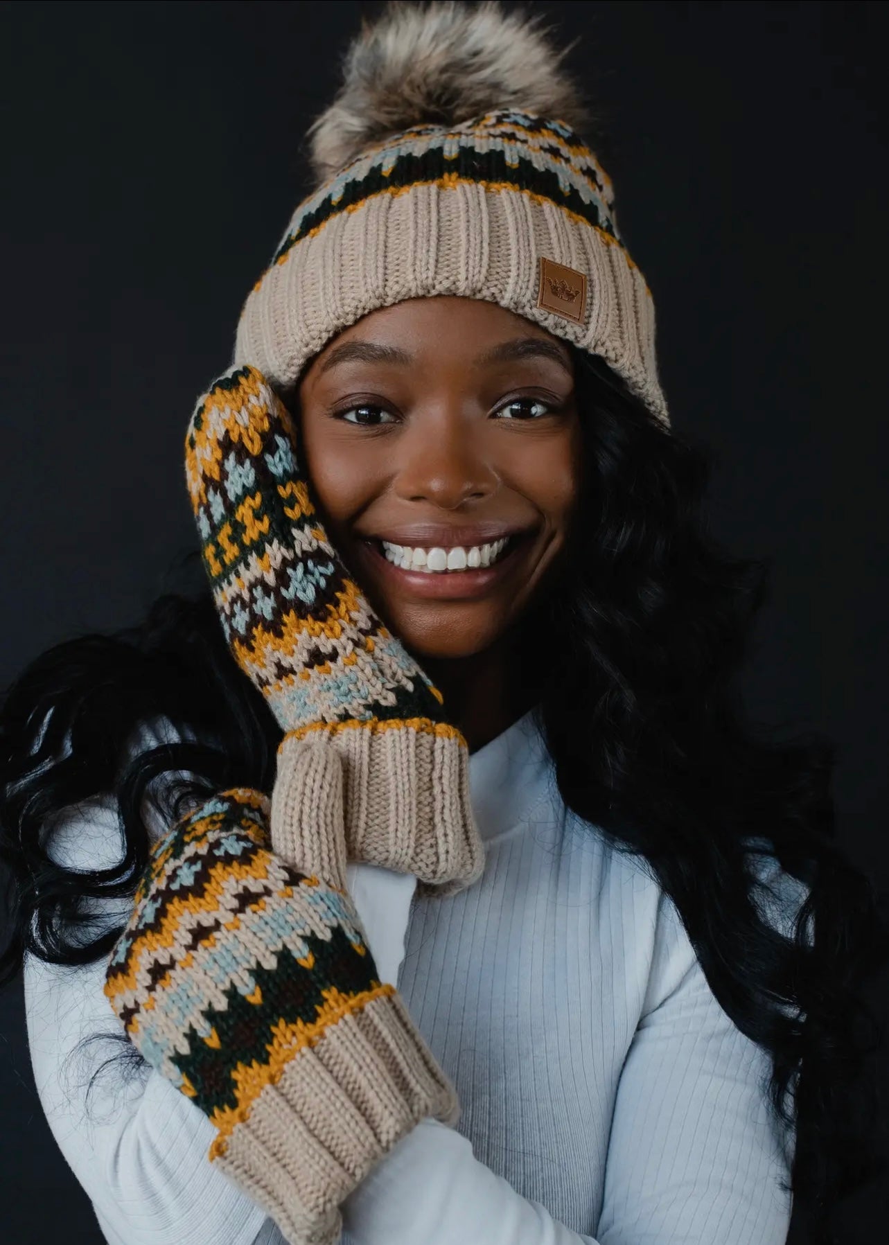 Patterned Knit Hat with Faux Fur pom Patterned Knit Hat with Faux Fur pom