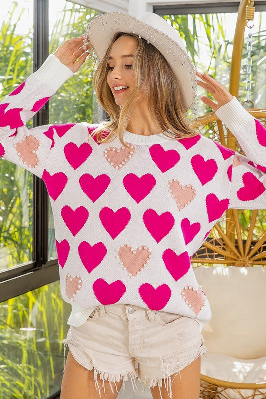 Heart Pattern Pearl Detail Knit Sweater Heart Pattern Pearl Detail Knit Sweater