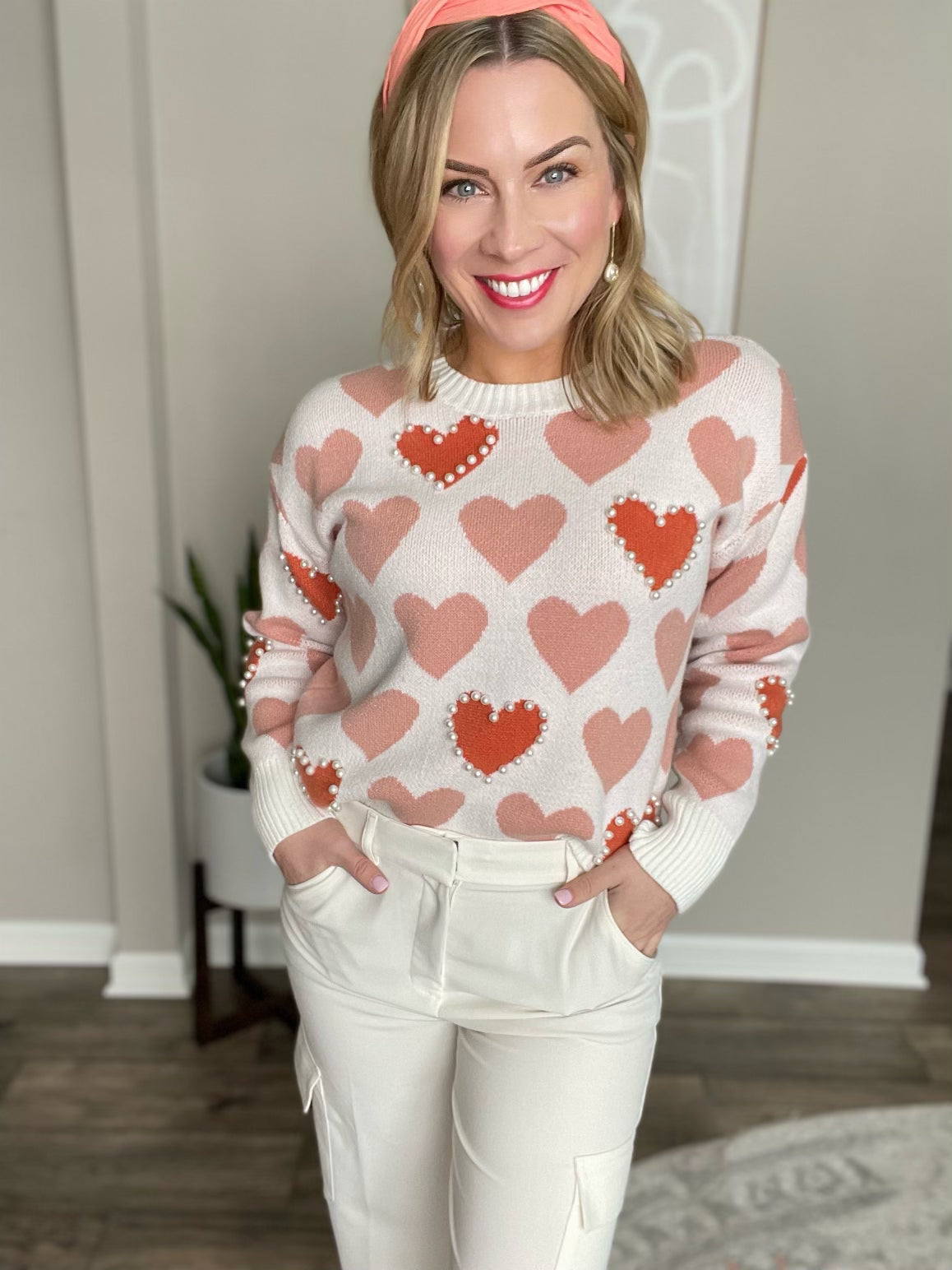 Heart Pattern Pearl Detail Knit Sweater Heart Pattern Pearl Detail Knit Sweater