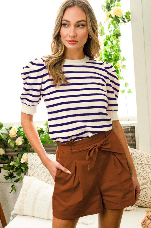 Ava Crewneck Puff Short Sleeve Stripe Sweater Top Ava Crewneck Puff Short Sleeve Stripe Sweater Top
