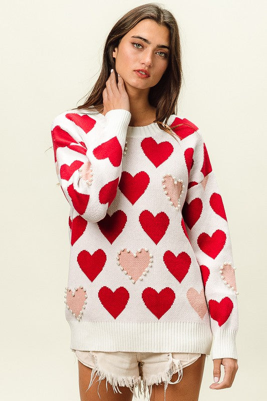 Heart Pattern Pearl Detail Knit Sweater Heart Pattern Pearl Detail Knit Sweater