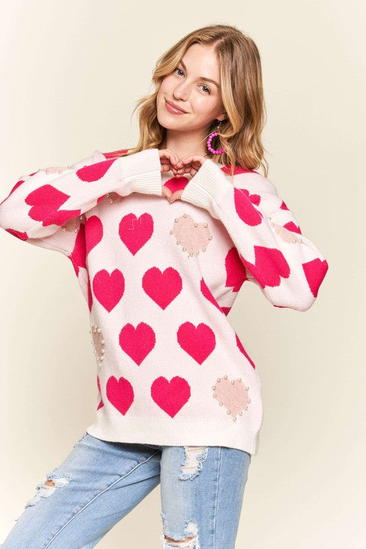 Heart Pattern Pearl Detail Knit Sweater Heart Pattern Pearl Detail Knit Sweater
