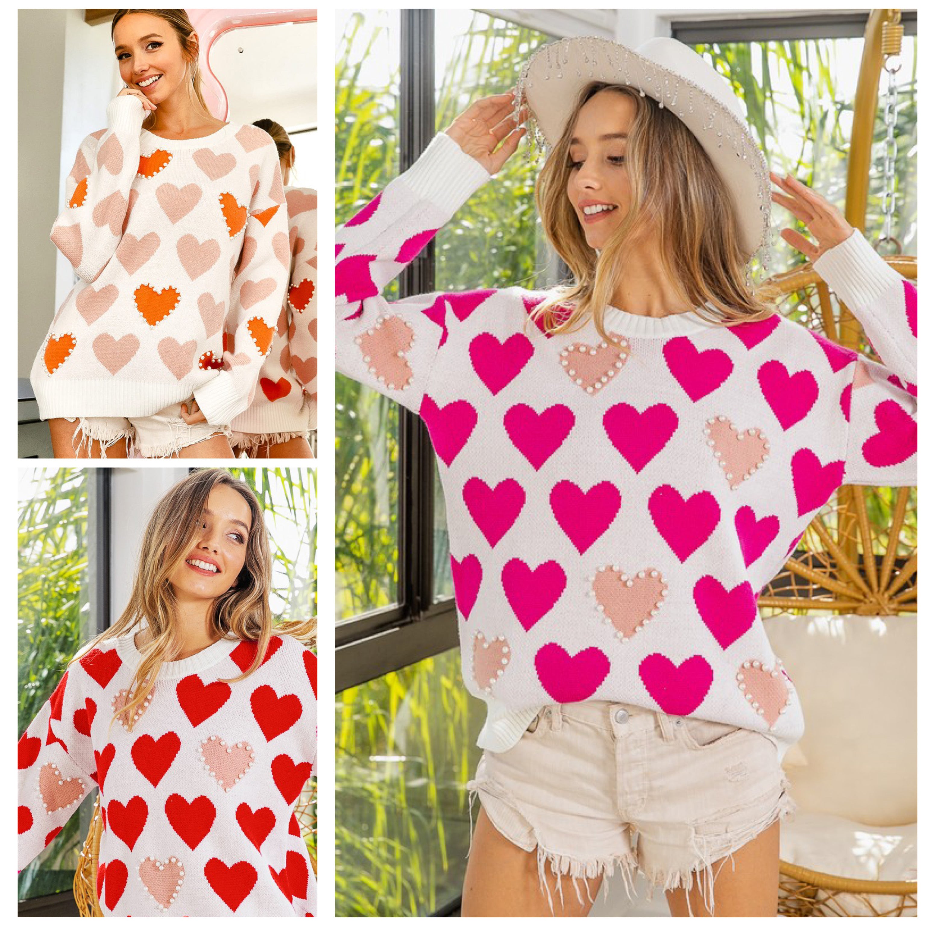 Heart Pattern Pearl Detail Knit Sweater Heart Pattern Pearl Detail Knit Sweater