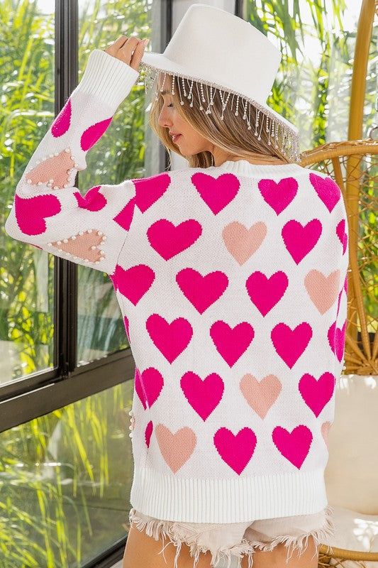 Heart Pattern Pearl Detail Knit Sweater Heart Pattern Pearl Detail Knit Sweater