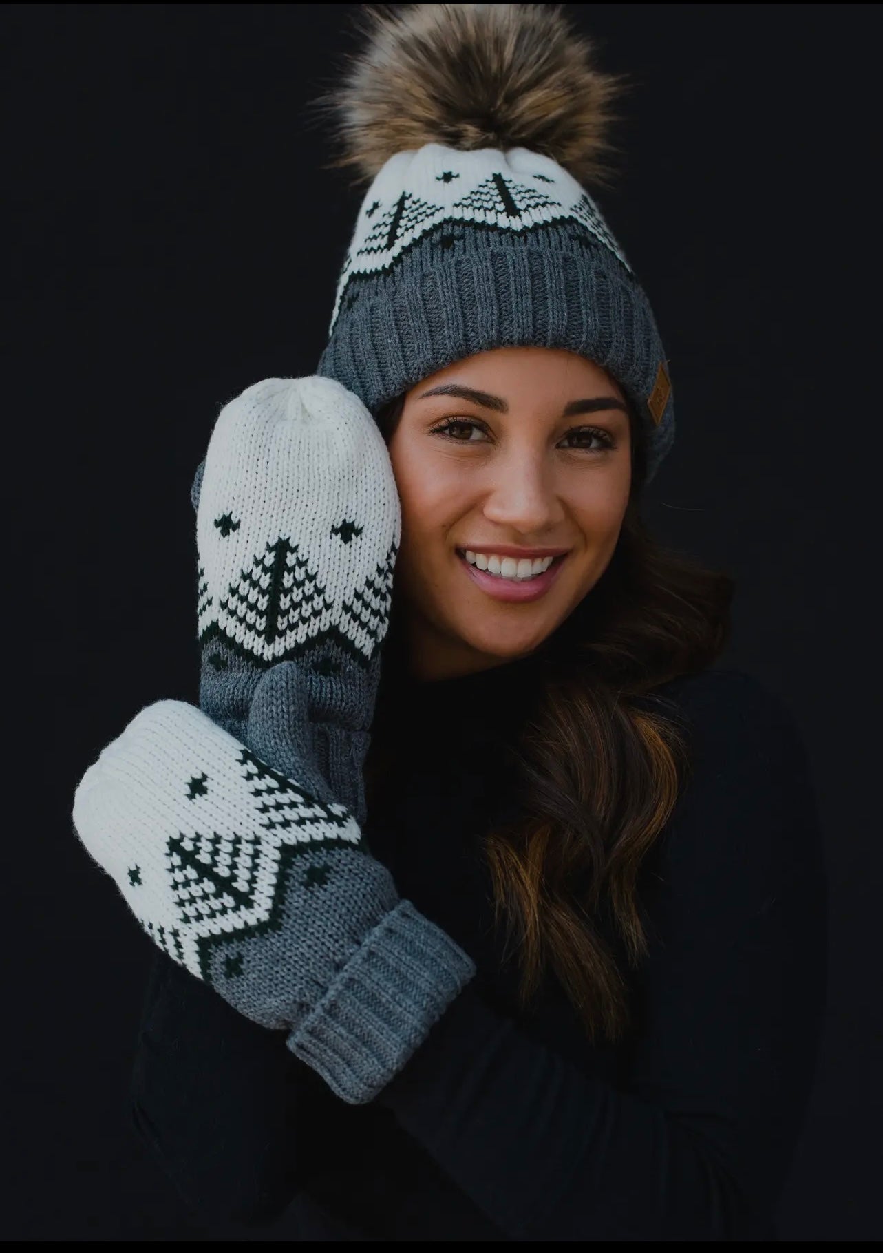 Fair Isle Knit Hat with Faux Fur Pom Fair Isle Knit Hat with Faux Fur Pom