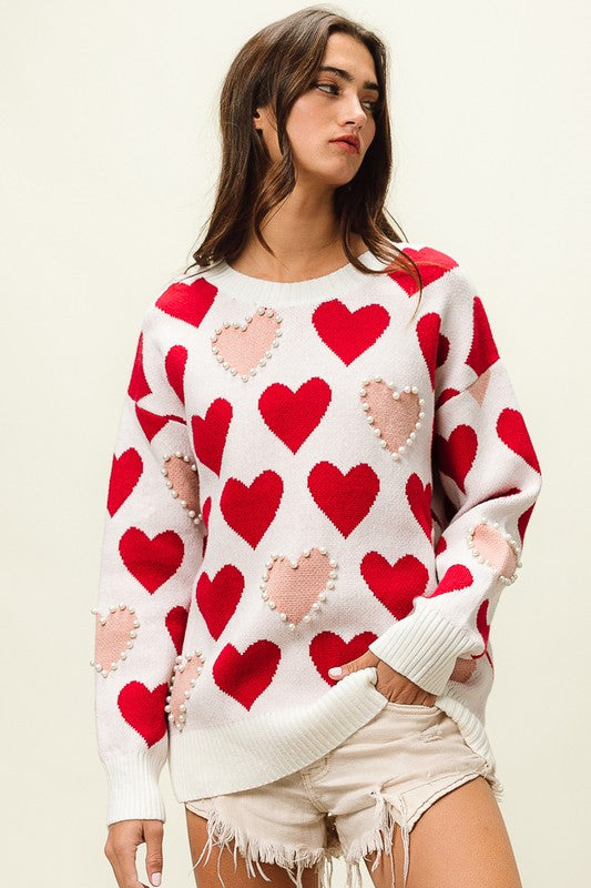 Heart Pattern Pearl Detail Knit Sweater Heart Pattern Pearl Detail Knit Sweater