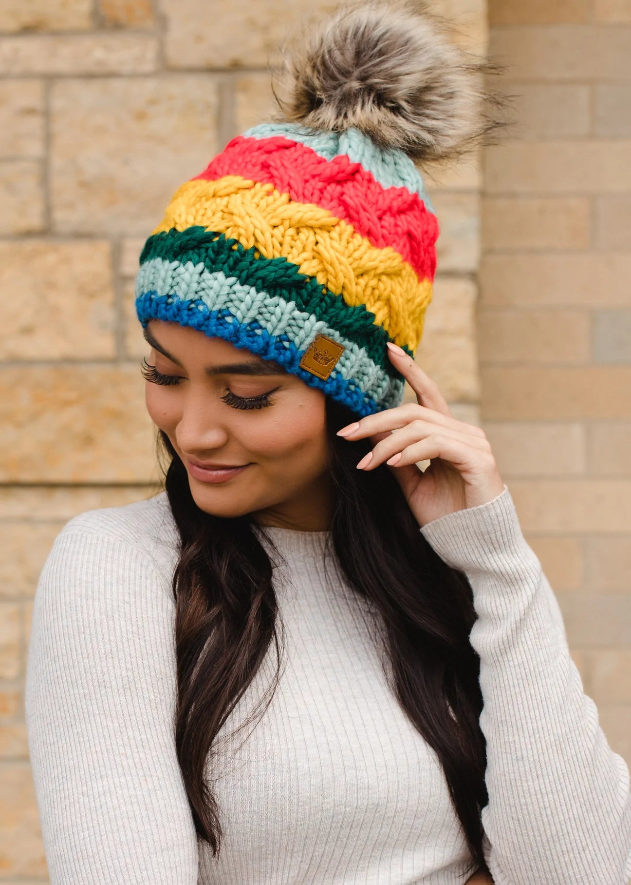 Multicolor Stripe Knit Hat with Pom Multicolor Stripe Knit Hat with Pom