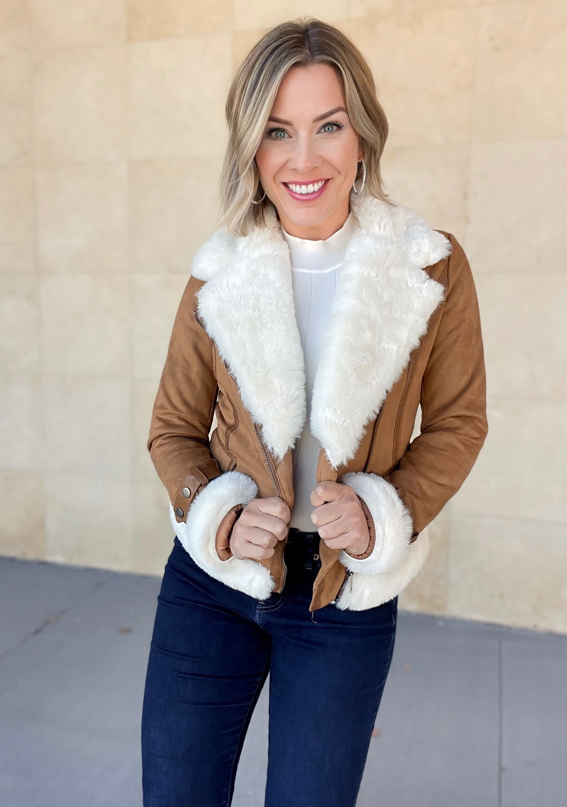 Faux Suede Moto Jacket with Faux Fur Accents Faux Suede Moto Jacket with Faux Fur Accents