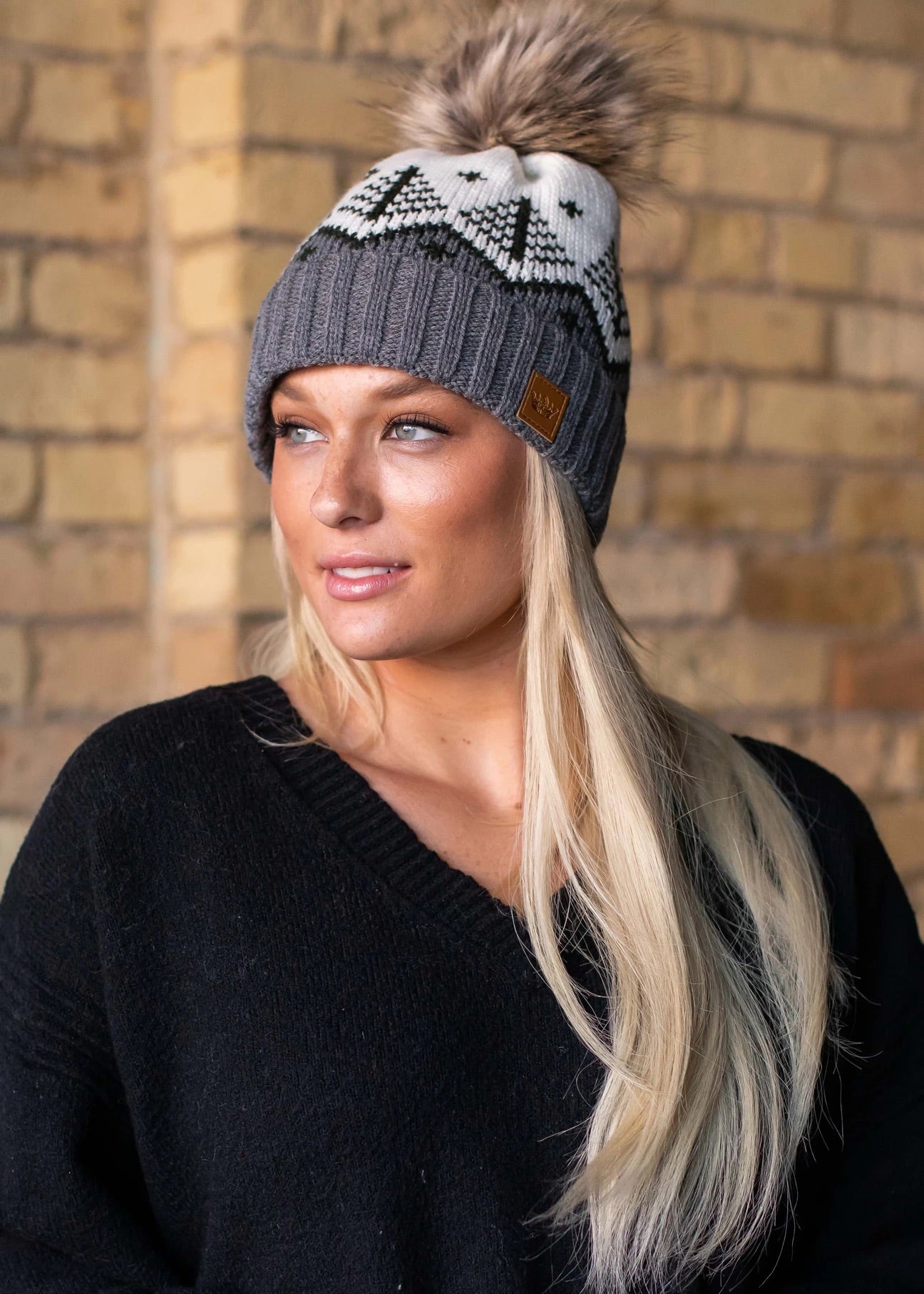 Fair Isle Knit Hat with Faux Fur Pom Fair Isle Knit Hat with Faux Fur Pom