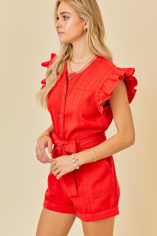 Portia Ruffle Sleeve Belted Denim Romper Portia Ruffle Sleeve Belted Denim Romper