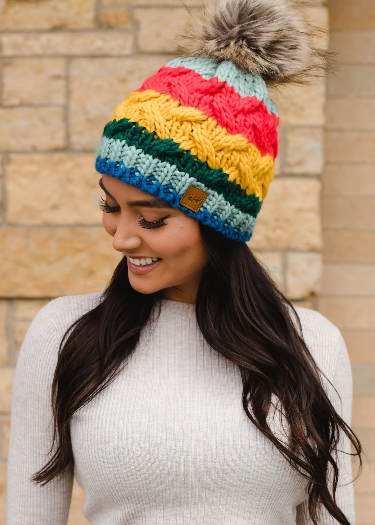 Multicolor Stripe Knit Hat with Pom Multicolor Stripe Knit Hat with Pom