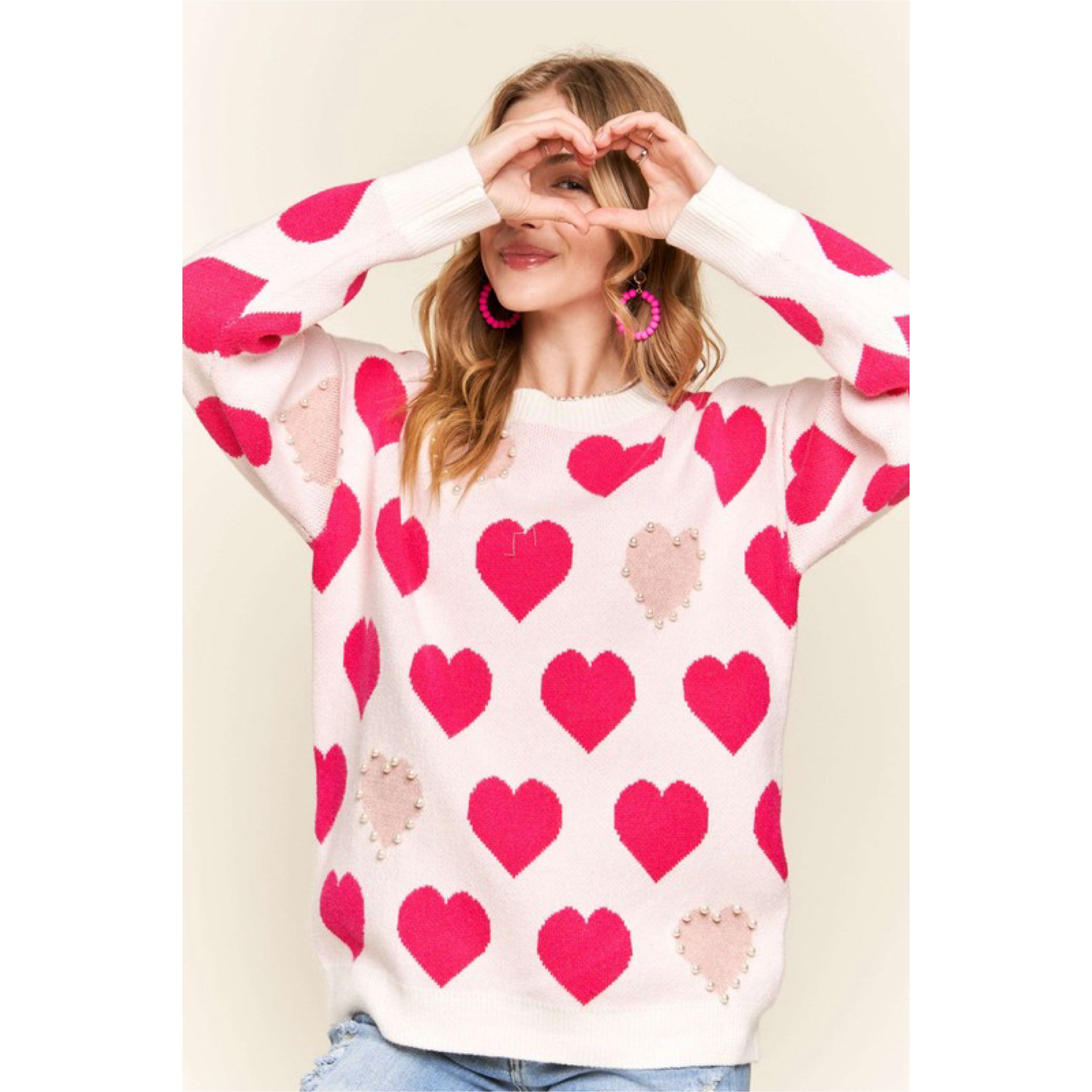 Heart Pattern Pearl Detail Knit Sweater Heart Pattern Pearl Detail Knit Sweater