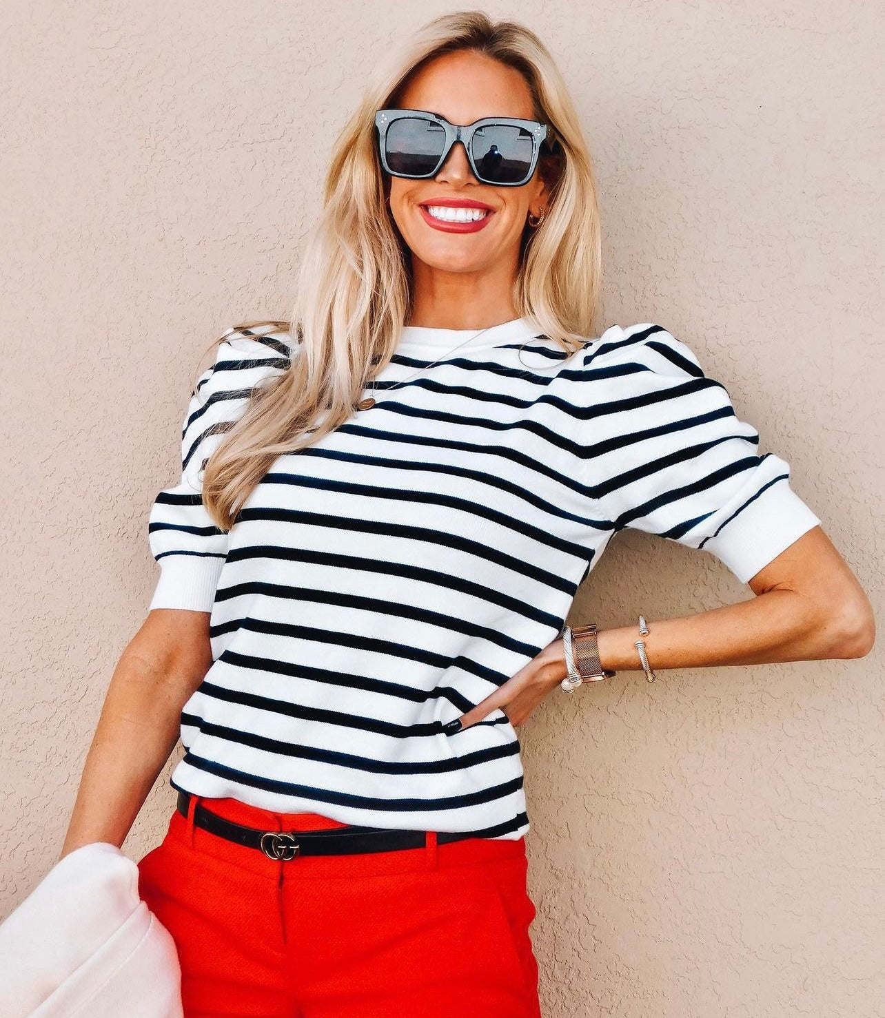 Ava Crewneck Puff Short Sleeve Stripe Sweater Top Ava Crewneck Puff Short Sleeve Stripe Sweater Top