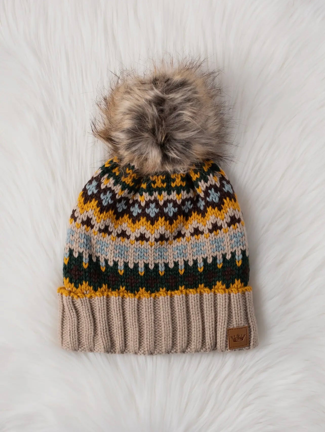 Patterned Knit Hat with Faux Fur pom Patterned Knit Hat with Faux Fur pom