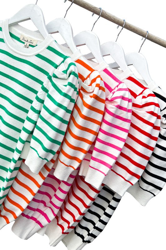 Ava Crewneck Puff Short Sleeve Stripe Sweater Top Ava Crewneck Puff Short Sleeve Stripe Sweater Top