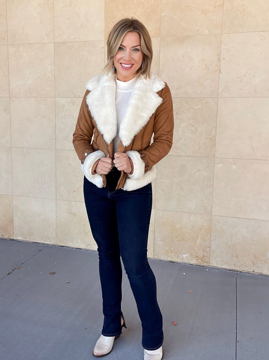 Faux Suede Moto Jacket with Faux Fur Accents Faux Suede Moto Jacket with Faux Fur Accents