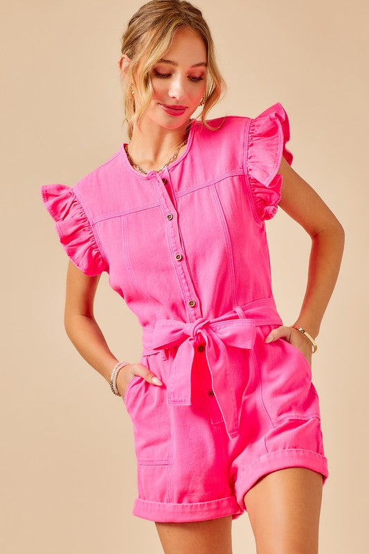 Portia Ruffle Sleeve Belted Denim Romper Portia Ruffle Sleeve Belted Denim Romper