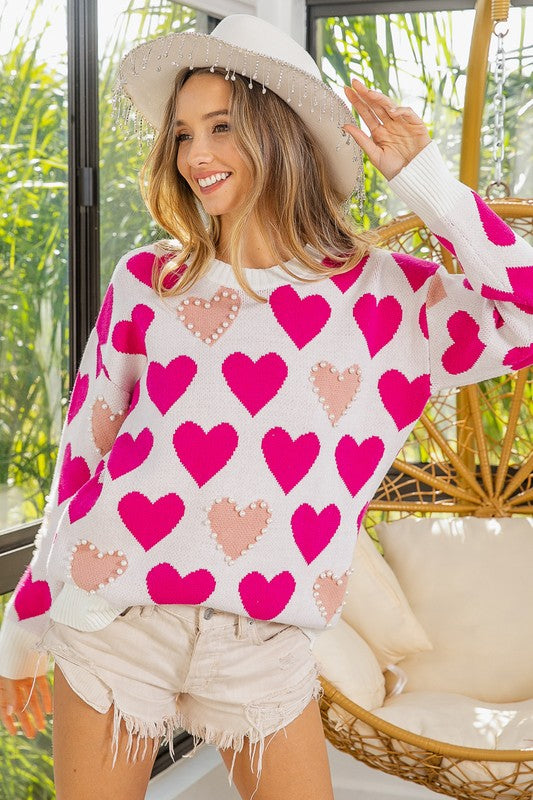 Heart Pattern Pearl Detail Knit Sweater Heart Pattern Pearl Detail Knit Sweater