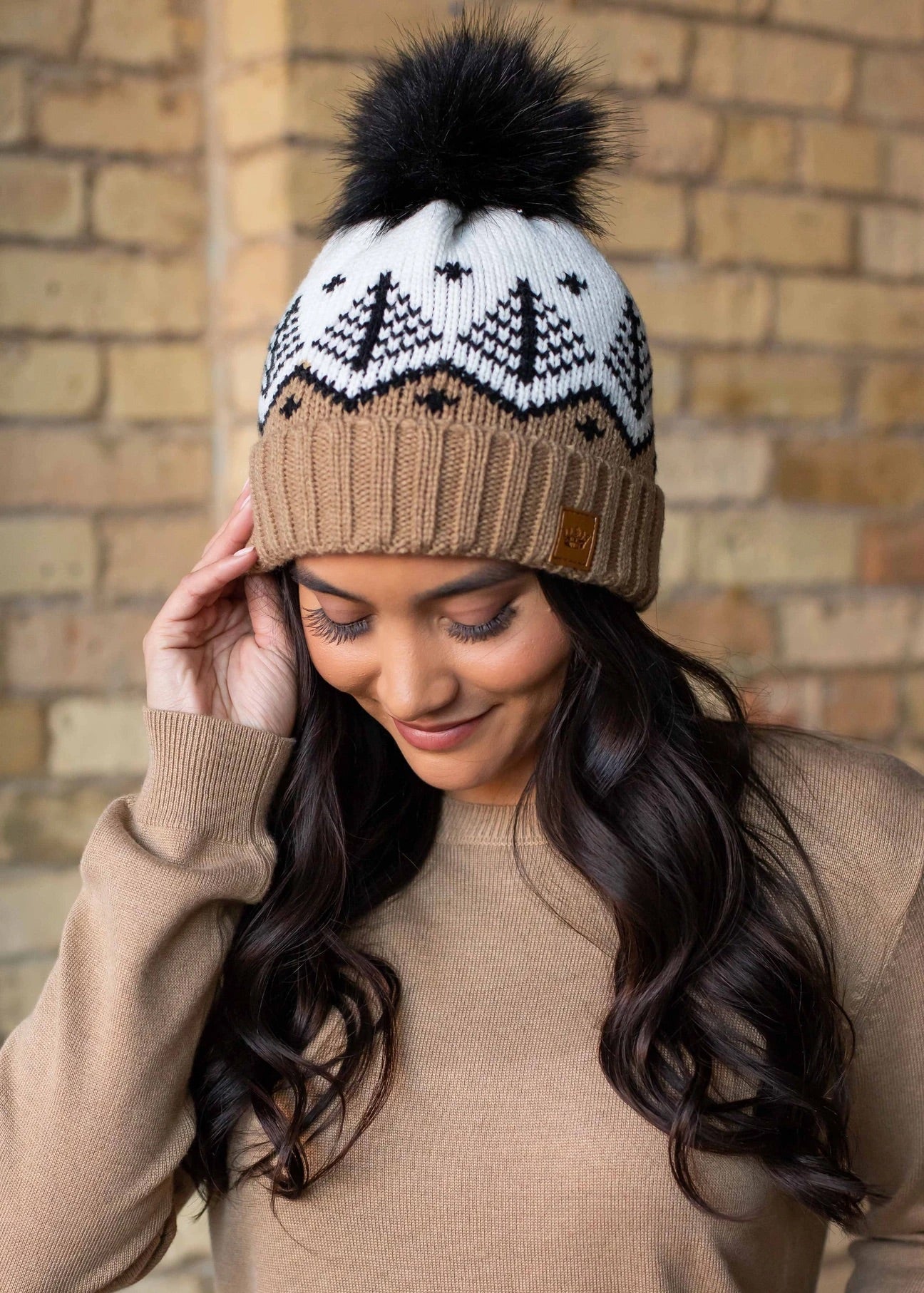 Fair Isle Knit Hat with Faux Fur Pom Fair Isle Knit Hat with Faux Fur Pom