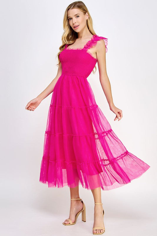 Aerin Sleeveless Tiered Tulle Midi Dress