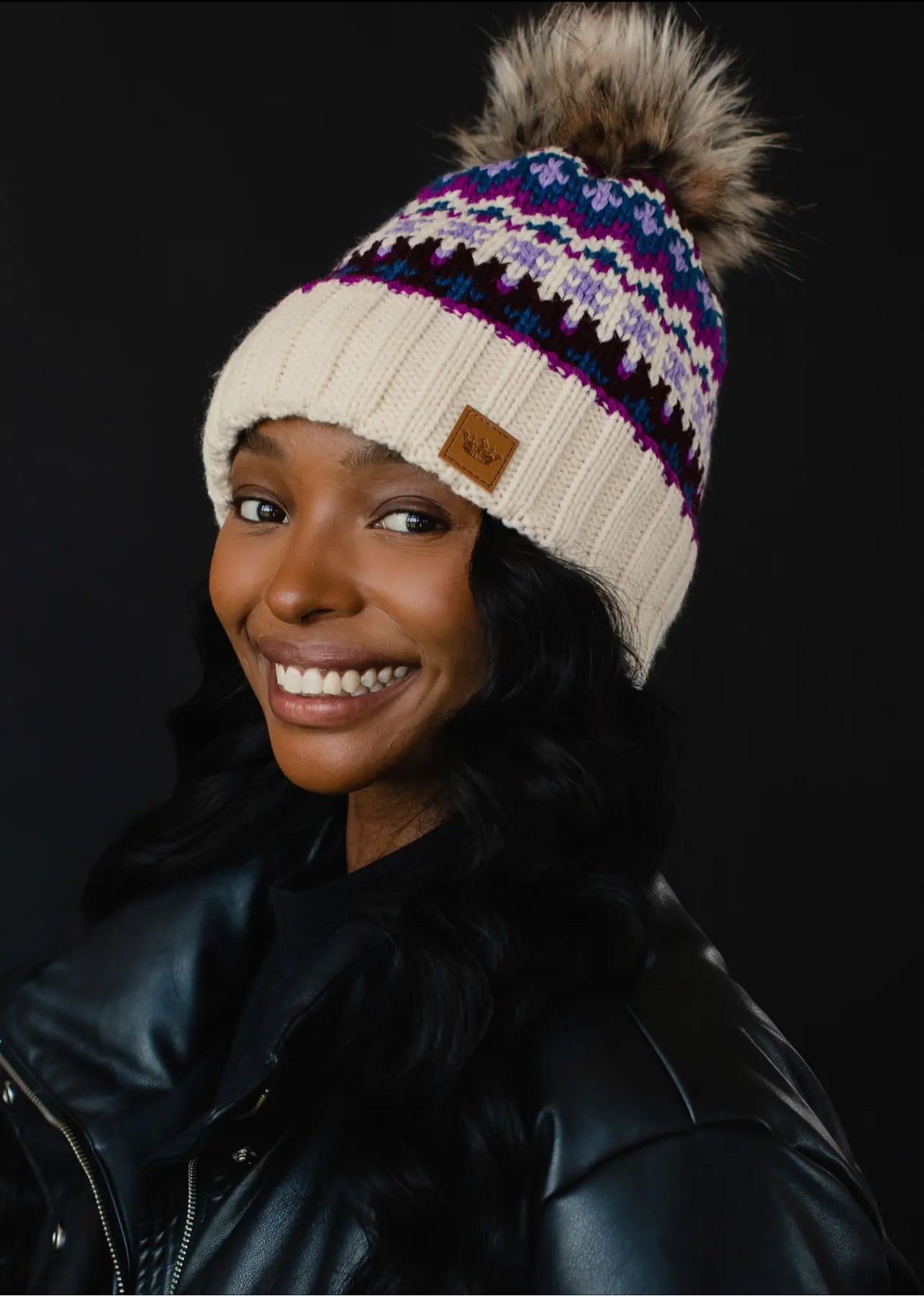 Patterned Knit Hat with Faux Fur pom Patterned Knit Hat with Faux Fur pom