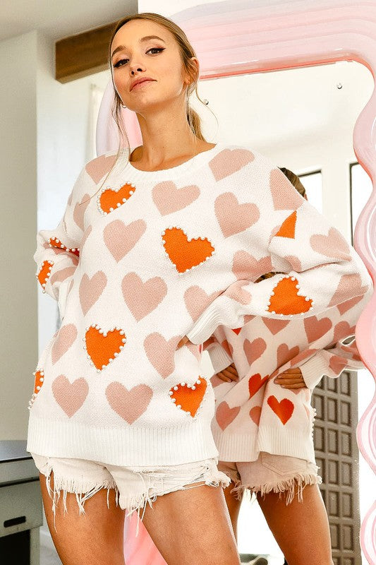 Heart Pattern Pearl Detail Knit Sweater Heart Pattern Pearl Detail Knit Sweater