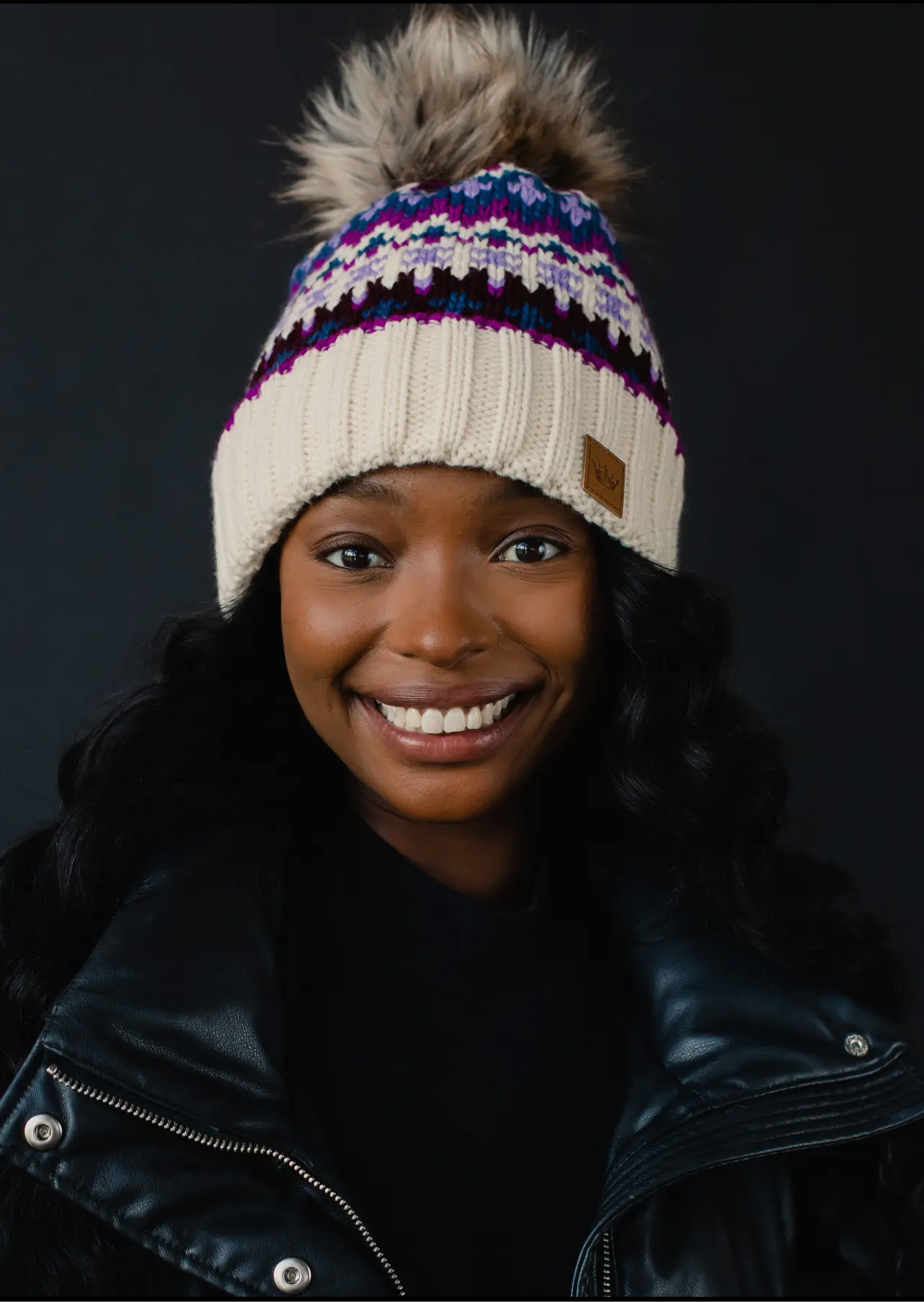 Patterned Knit Hat with Faux Fur pom Patterned Knit Hat with Faux Fur pom