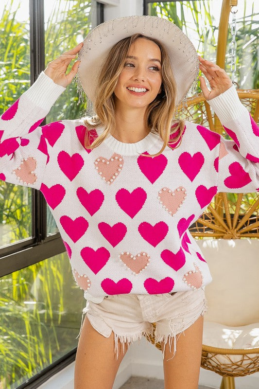 Heart Pattern Pearl Detail Knit Sweater Heart Pattern Pearl Detail Knit Sweater